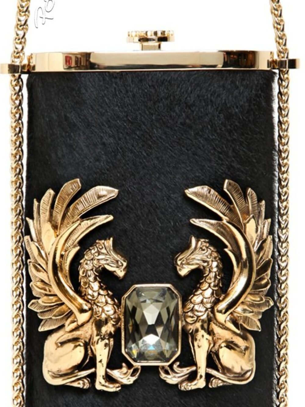 RARE ROBERTO CAVALLI DEA EMBELLISHED PONY-SKIN CLUTCH BLACK/GOLD TWIN GRIFFINS - Picture 2 of 9